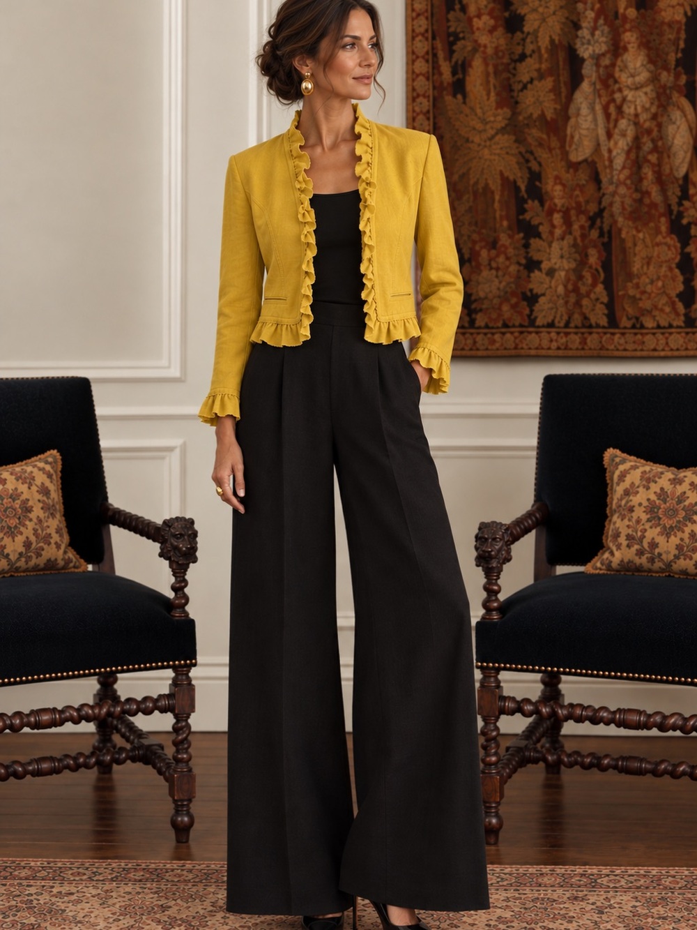INC International Concepts Mustard Ruffle-Trim Cropped Jacket